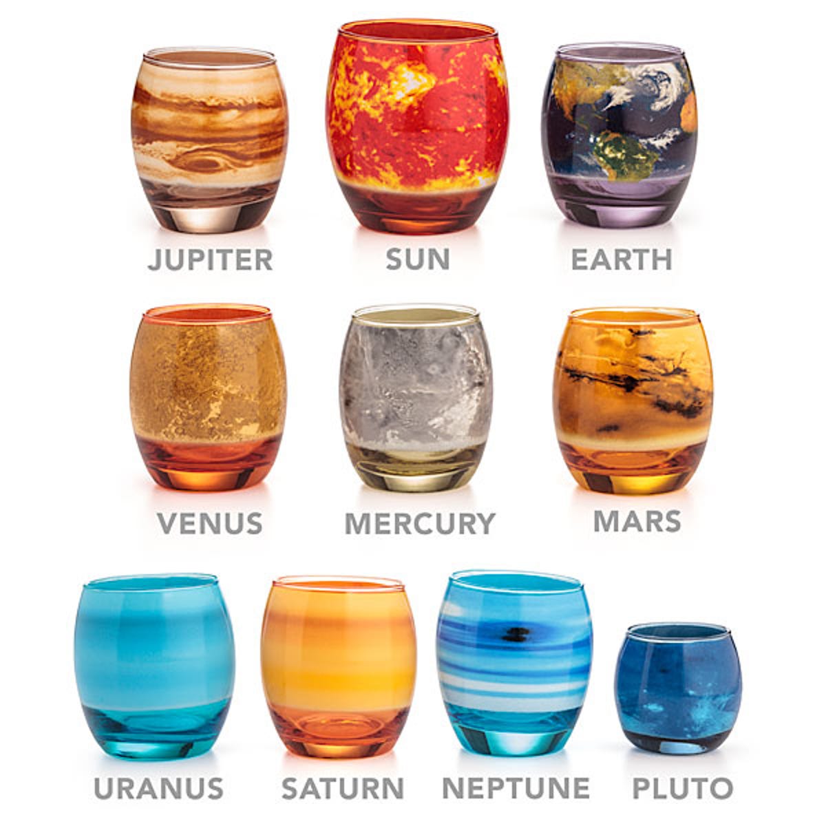 With the ThinkGeek Planetary Glass Set, even Pluto gets a drinking glass. Well sort of.