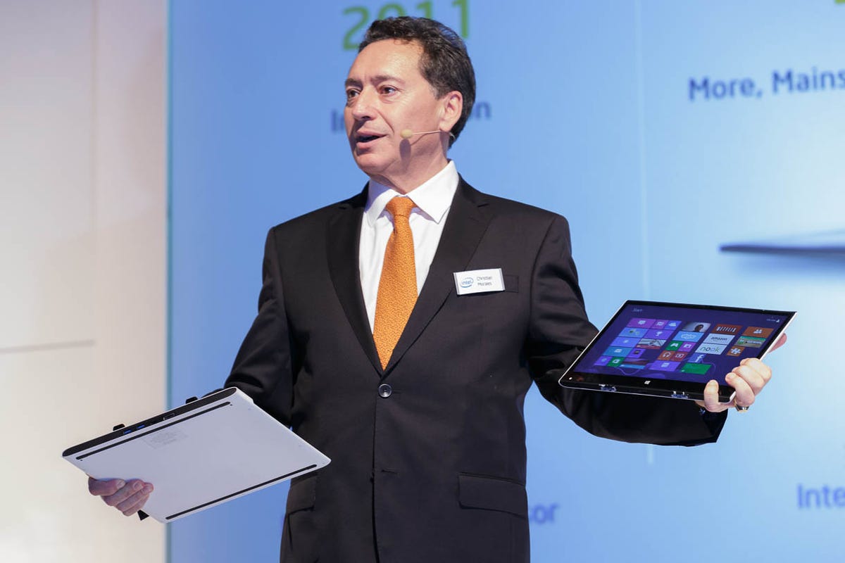Christian Morales, general manager of Intel's operations in Europe, the Middle East, and Africa, demonstrates a detachable touch-screen Windows 8 tablet powered by Intel's upcoming "Haswell" chip. He spoke at CeBIT 2013.