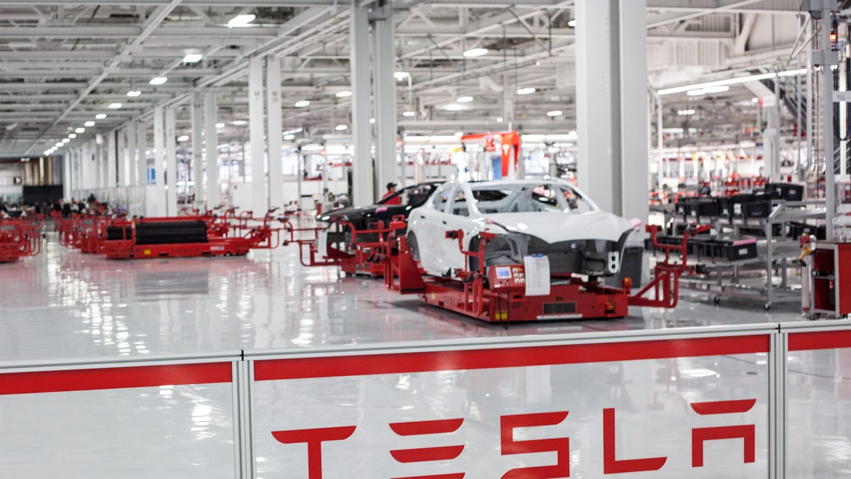 The production line inside a Tesla factory in Fremont, California