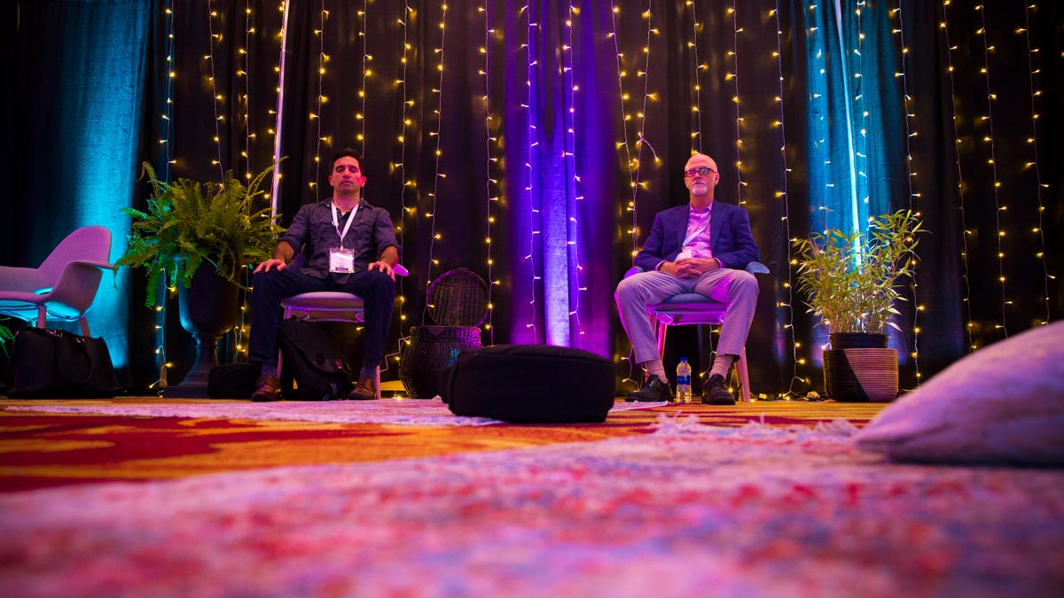 Attendees of the New West Summit conference in Oakland, California, take a break in the sound-bathing room.