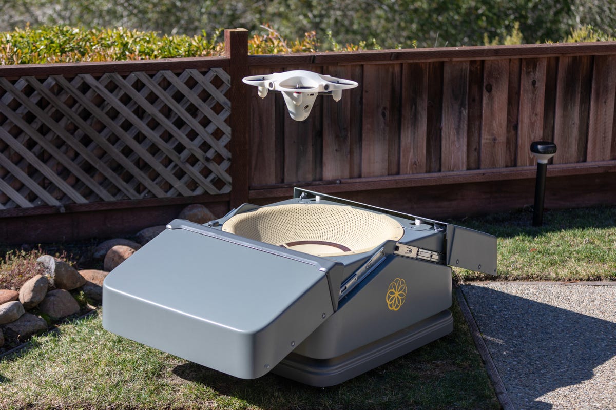 The Sunflower Labs drone emerges from its "Hive" base station. It's part of a home security system set to go on sale in 2020.