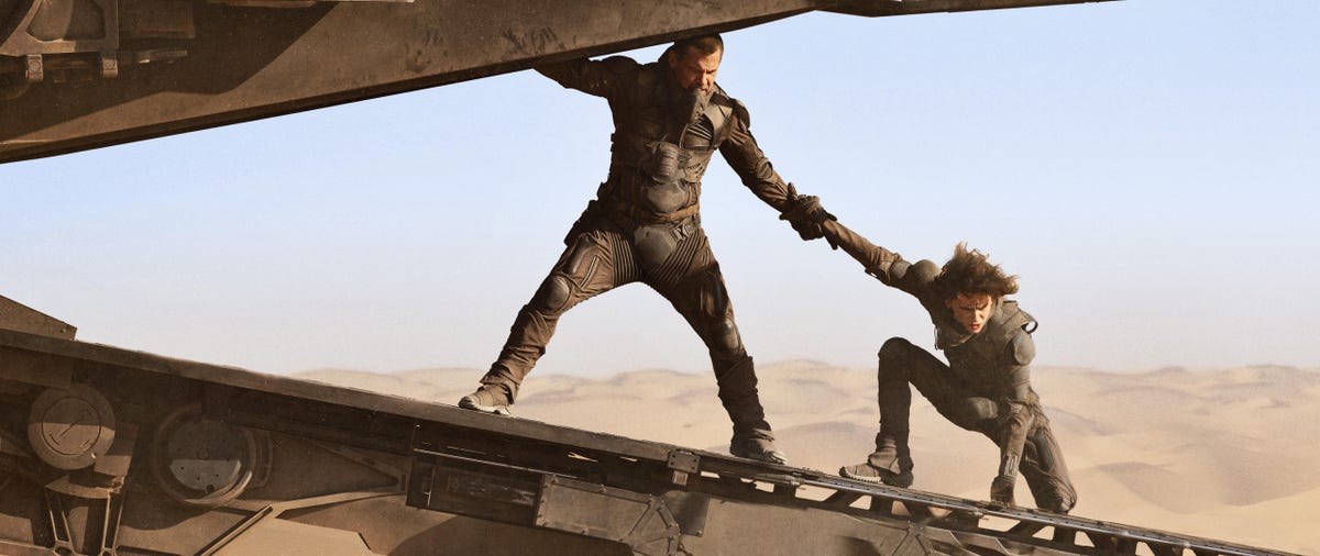 Scene from Dune with Josh Brolin as Gurney Halleck and Timothée Chalamet as Paul Atreides.