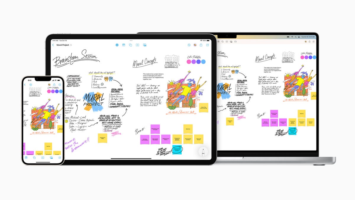 Apple Freeform app, showing whiteboard sketches on an iPhone, iPad and Macbook