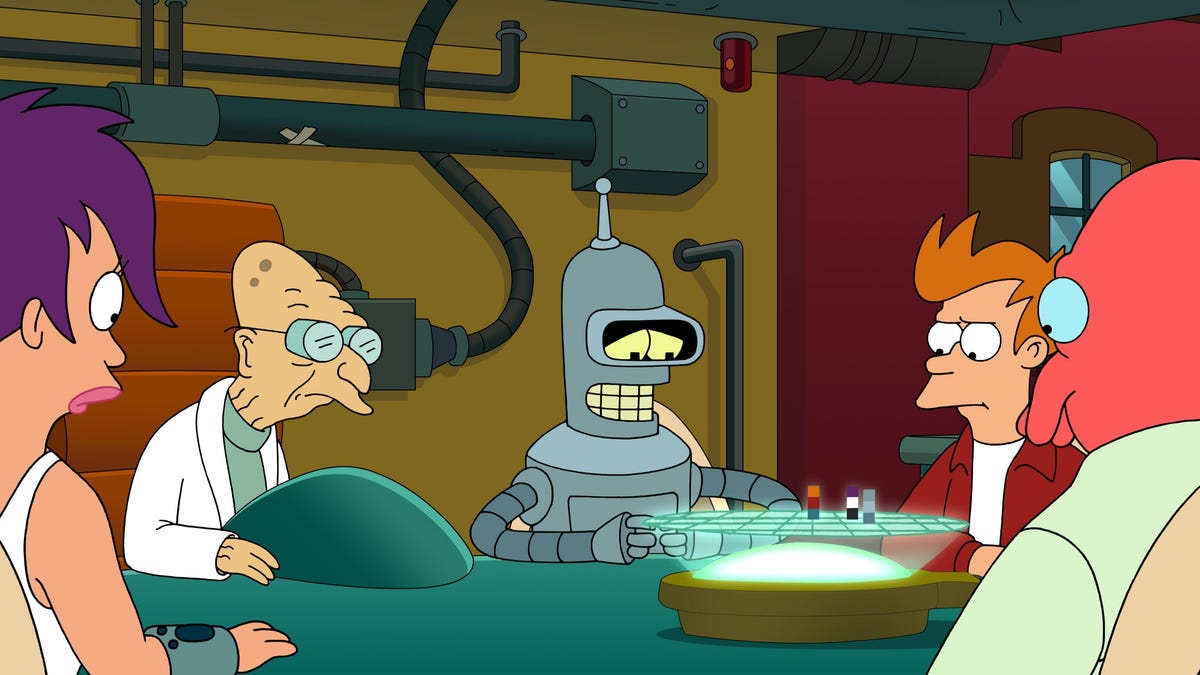 animated characters sit around a table in Futurama