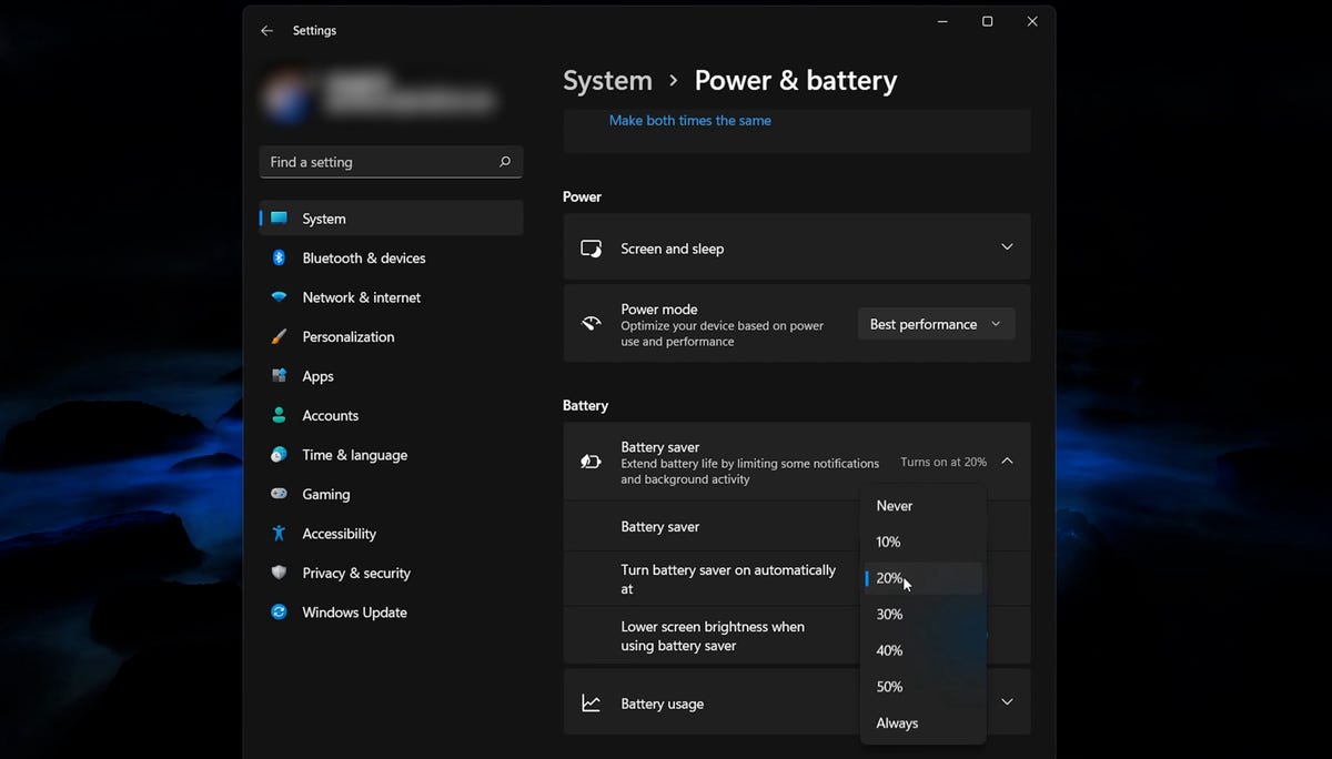 Power and battery menu in Windows 11