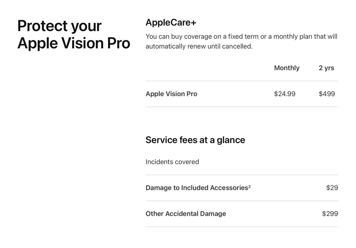 Página AppleCare Plus para Vision Pro