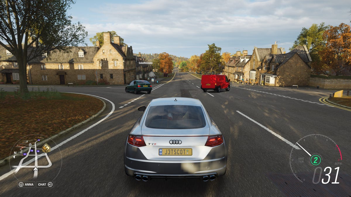 Driving through a town in Forza Horizon 4