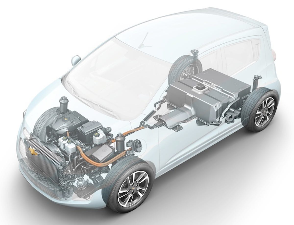 A cutaway of the Spark EV's electric power train.