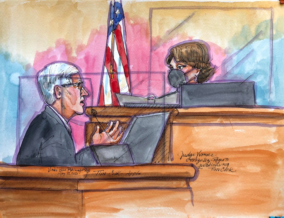 Artist's sketch of Apple CEO Tim Cook testifying in court.