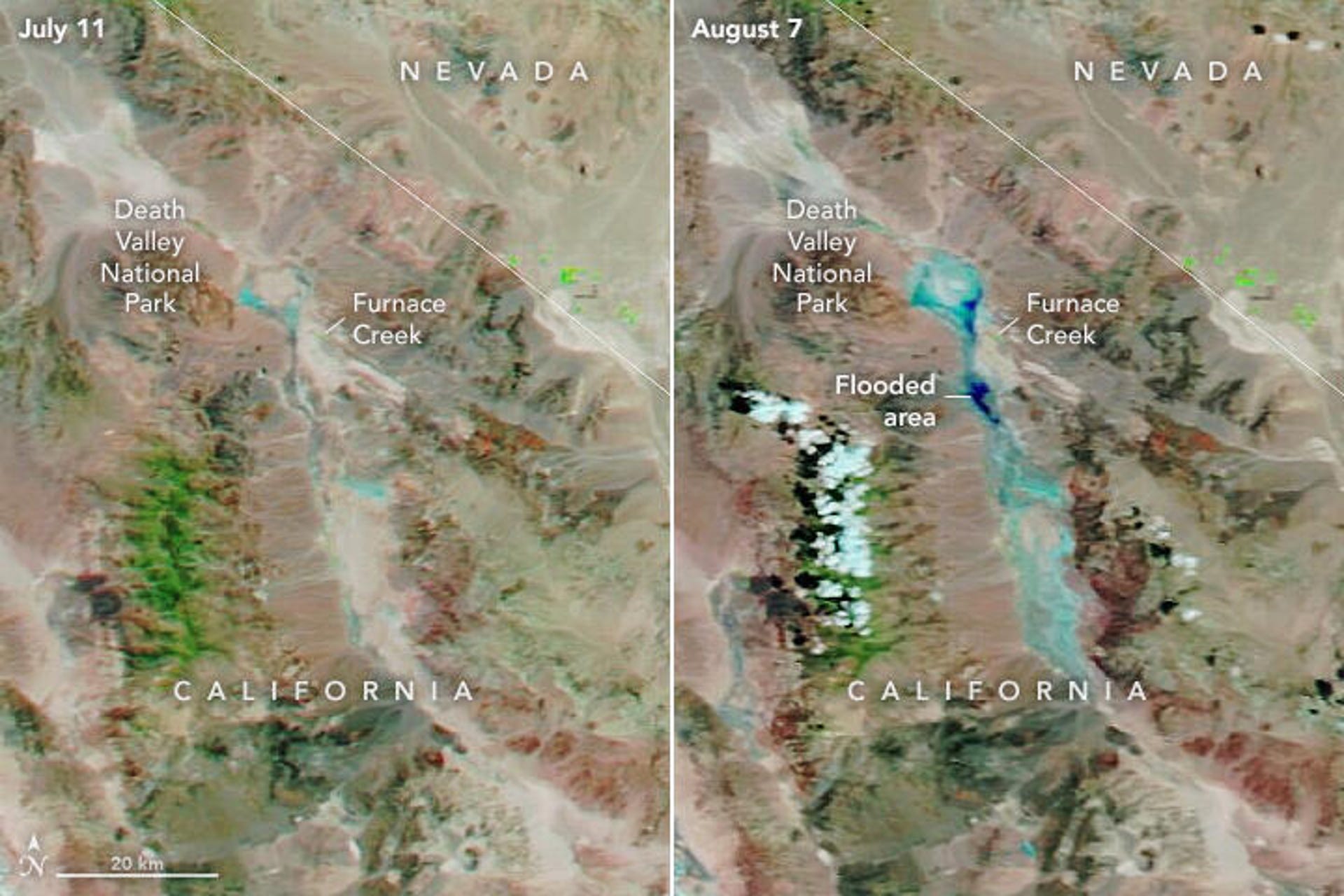Two views of Furnace Creek area of Death Valley from July and August 2022 showing flooding.