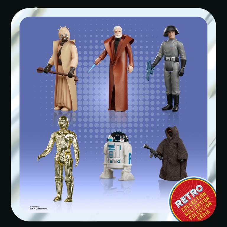 Star Wars Retro Collection Tusken Raider, Ben (Obi-Wan) Kenobi, Death Squad Commander, C-3PO, R2-D2 and Jawa action figures against a light blue background.