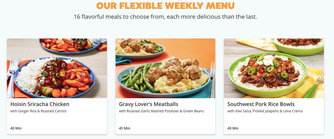 everyplate's flexible weekend menu showing three dishes