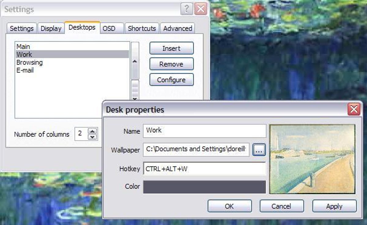 Settings dialog box of Virtual Dimension virtual desktop program