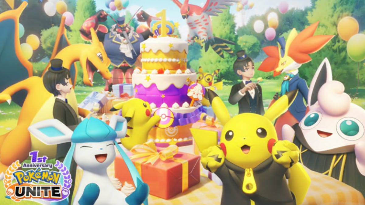 Pokemon characters celebrating around a cake