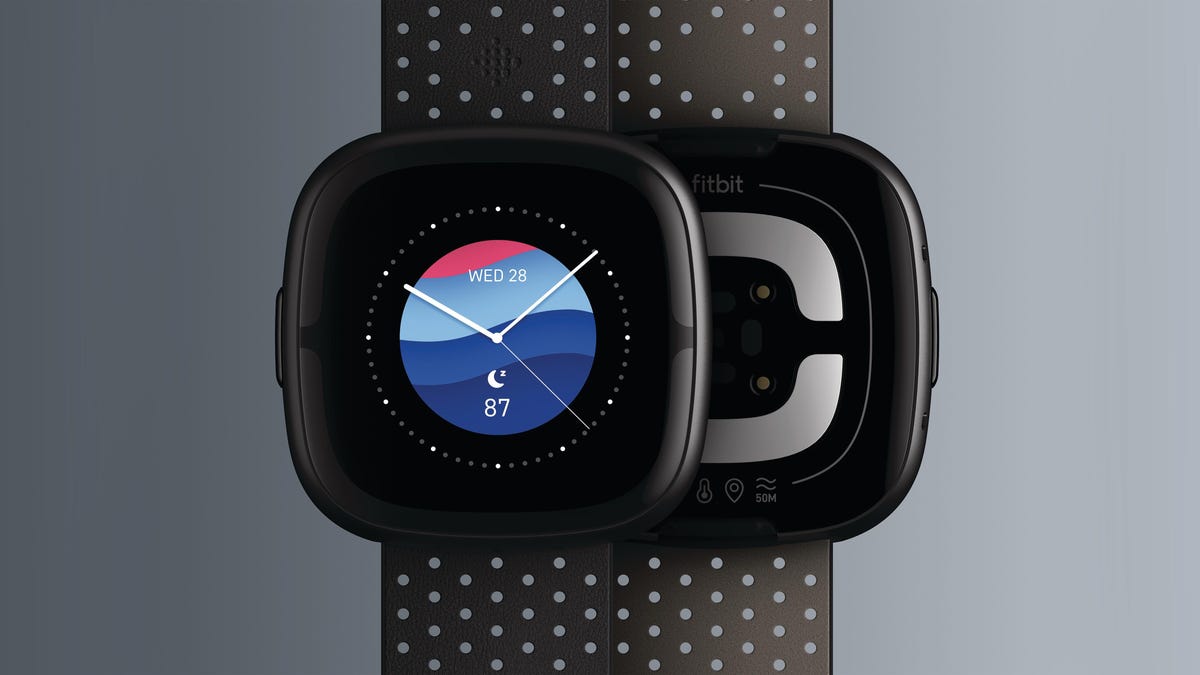Fitbit Sense 2 watch, front and rear shown on two models