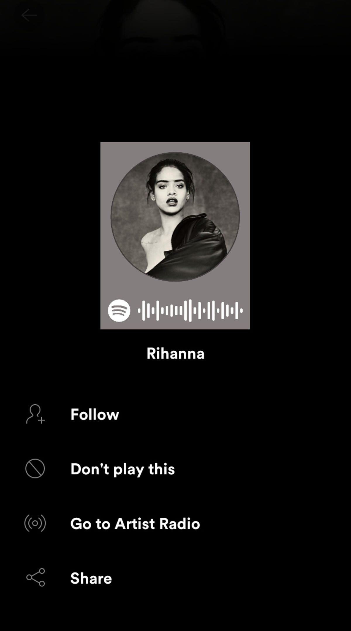 Spotify artist menu page for Rihanna