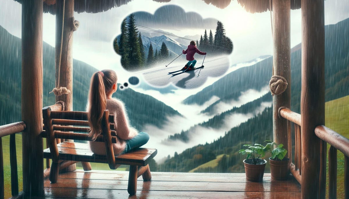 An AI-generated image of a girl on a porch on a rainy day dreaming of skiing, but in her thought bubble, it's also raining instead of sunny, as requested in the text prompt