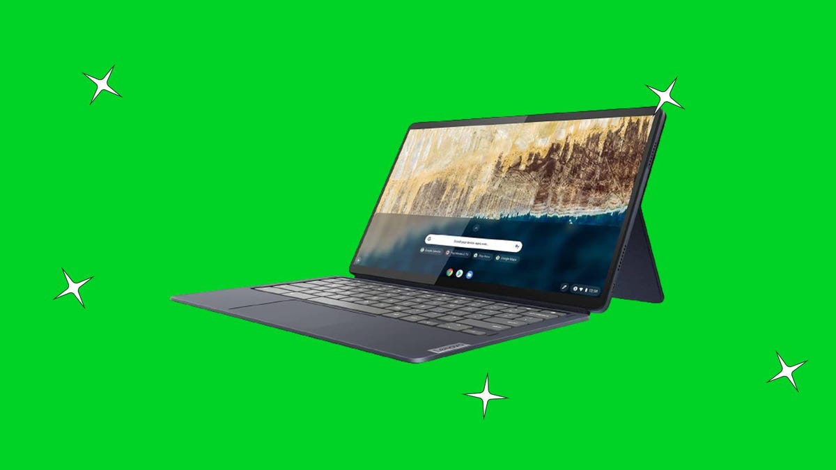 Lenovo IdeaPad Duet 5 Chromebook against a green background.