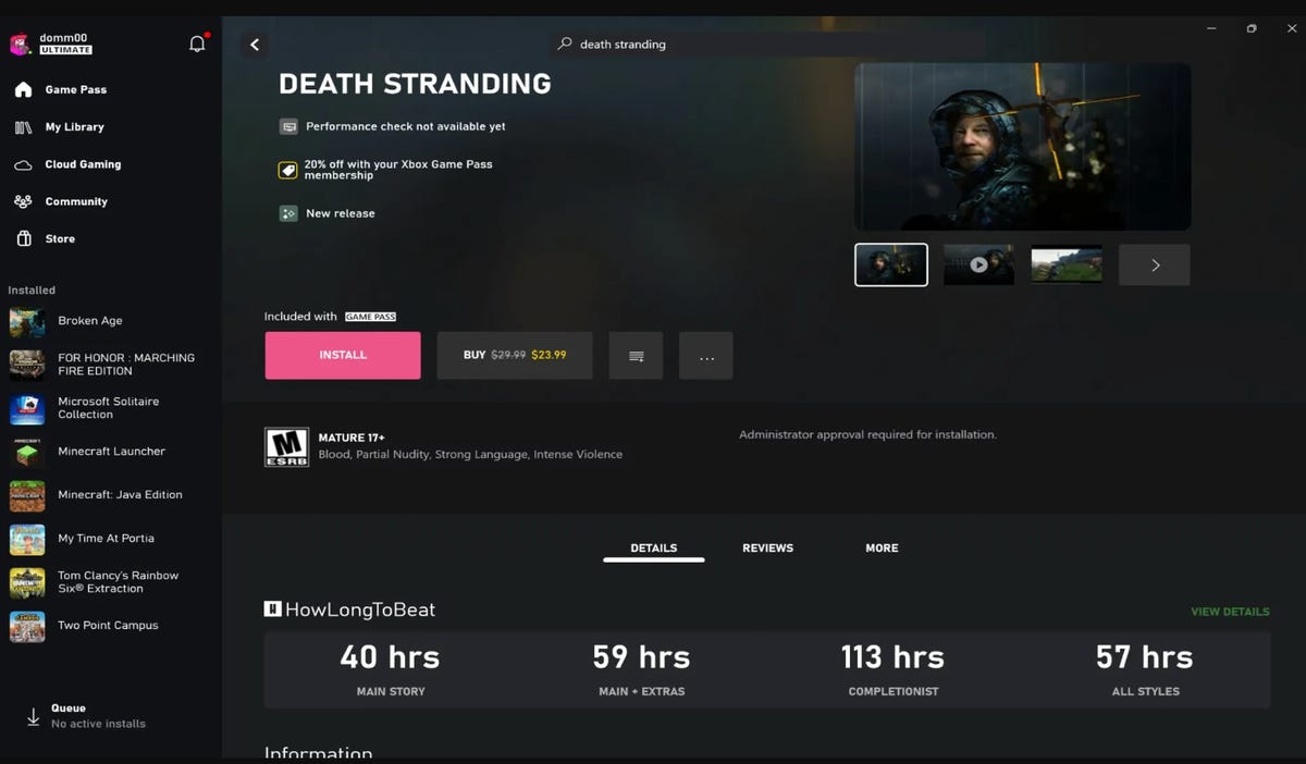 a screenshot of the xbox pc app showing completion times for the game Death Stranding