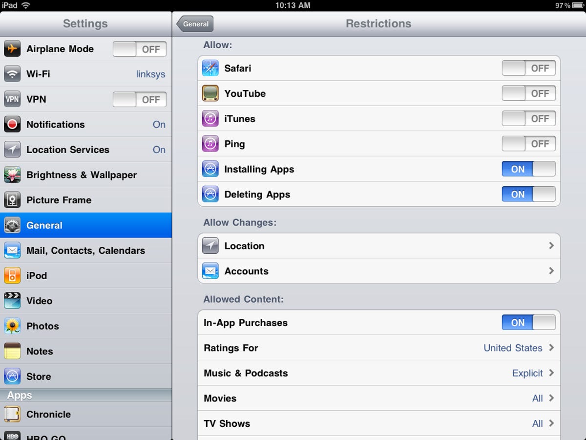 iPad Enable Restrictions screen