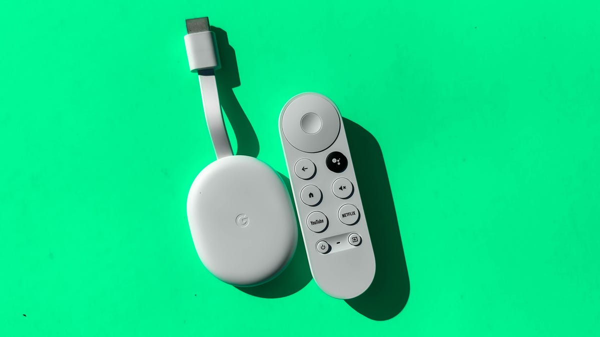 Chromecast with Google TV HD on green background