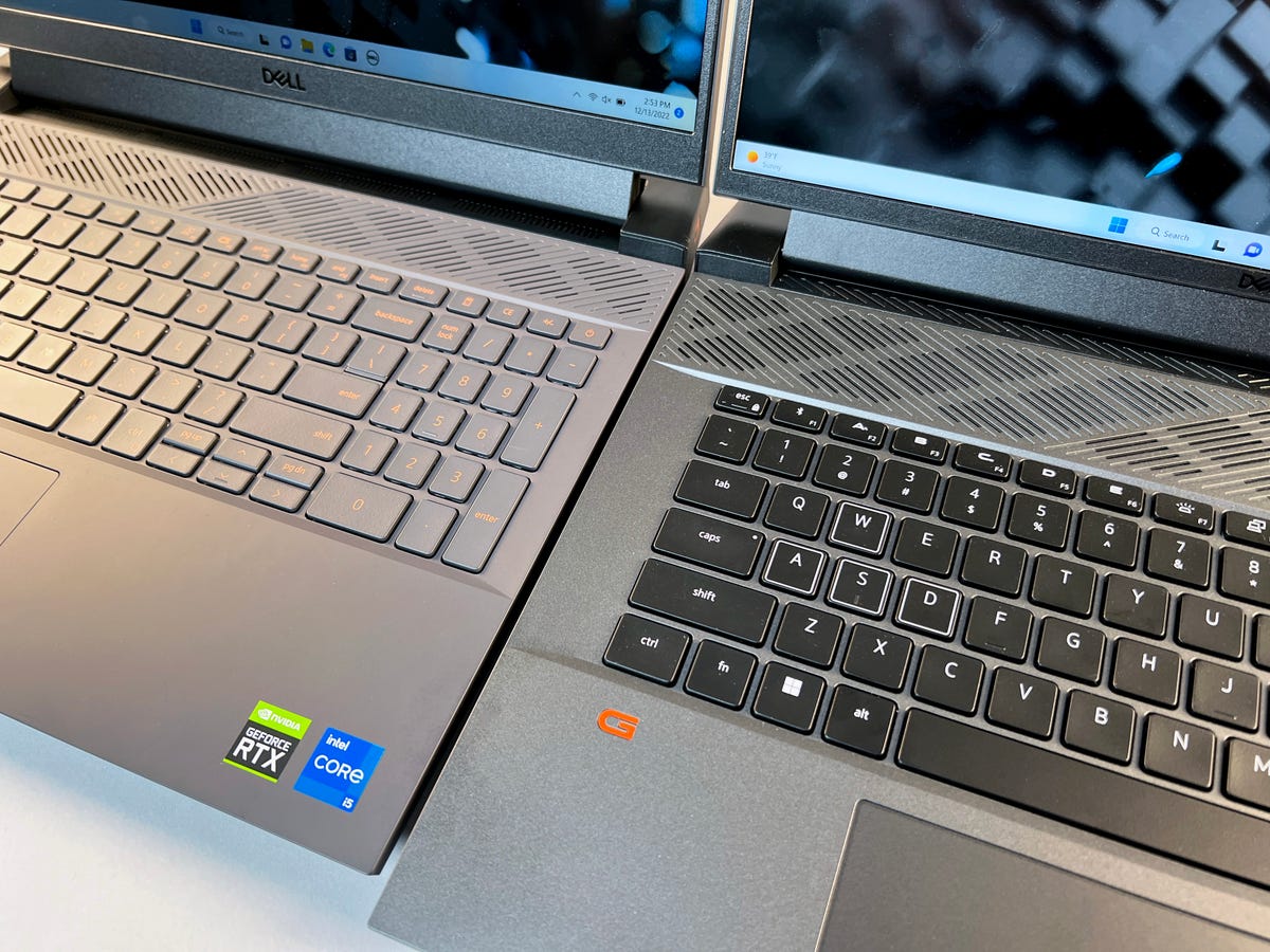 A close-up shot of the Dell G15 and G16 laptops side by side