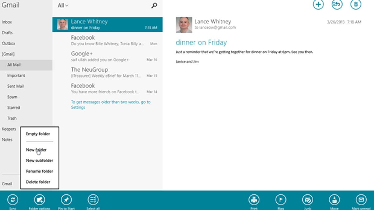 The Windows 8 Mail app now lets you create folders to store your messages.