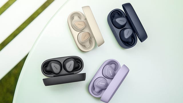 Four pairs of Jabra Elite 3 earbuds in different colors.