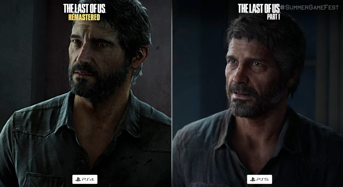 The Last of Us' Joel is seen in side-by-side comparison shots of the PS4 remaster and PS5 remake