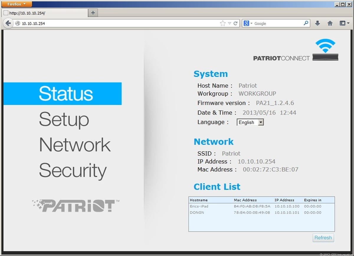 The Patriot Aero has a Web interface for managing it via connected computers.