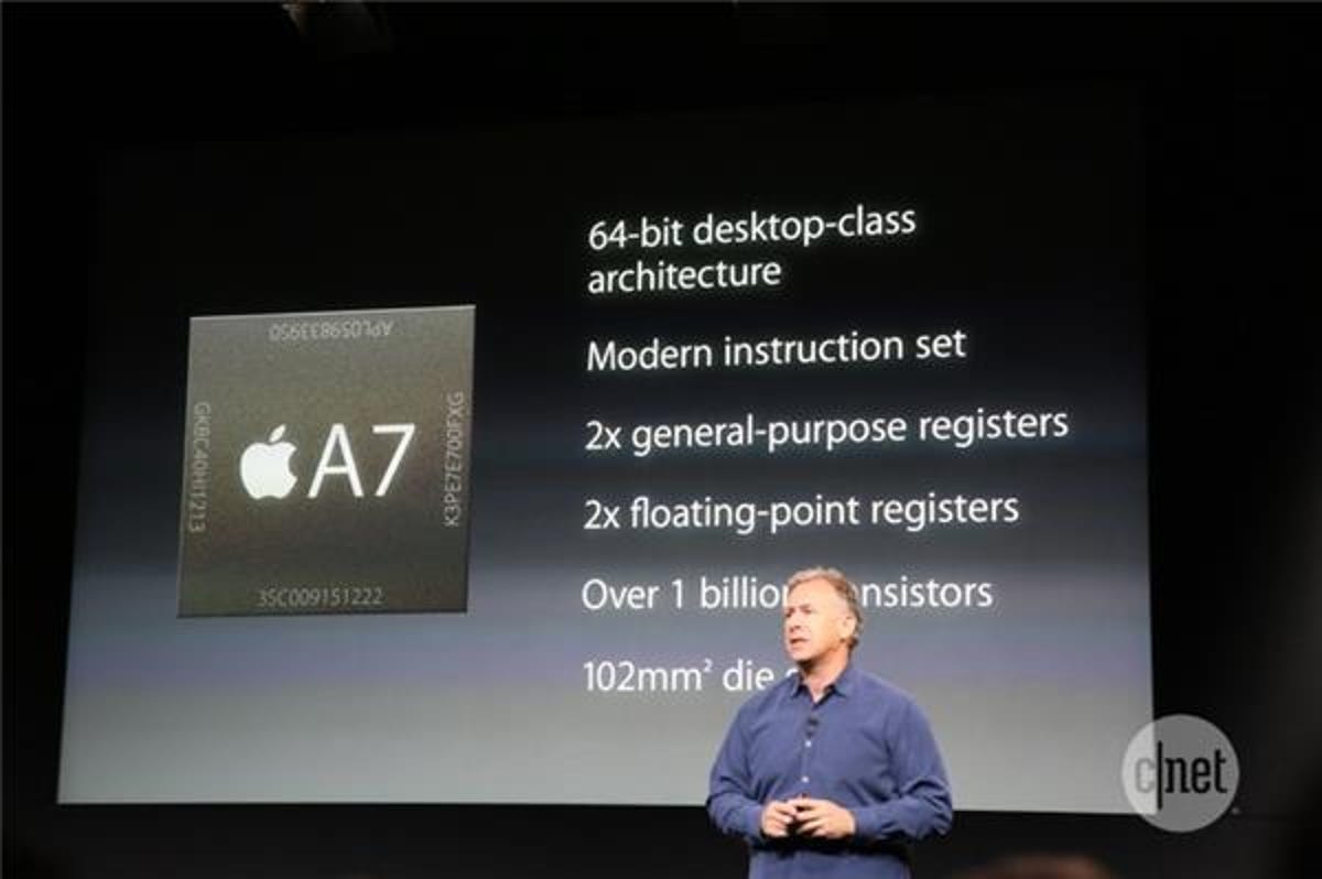 Apple marketing chief Phil Schiller touts the advantages of the A7 processor used in the iPhone 5S.