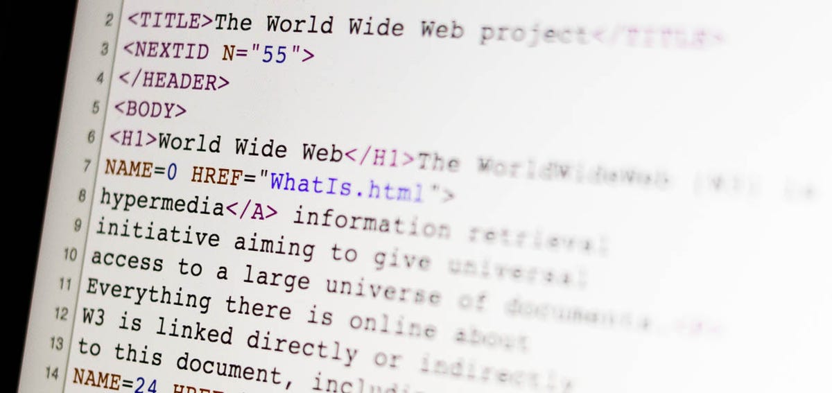The HTML source code for the world's first Web page, now republished at CERN