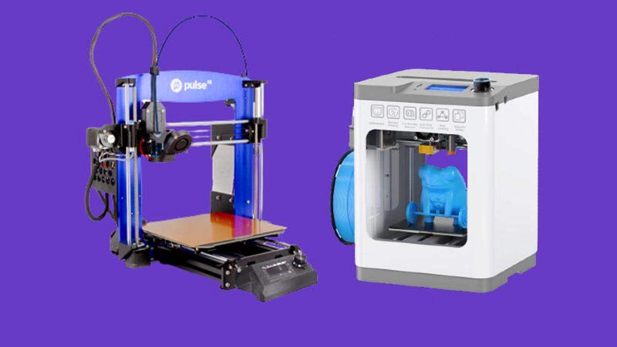 Two 3D printers on a purple background