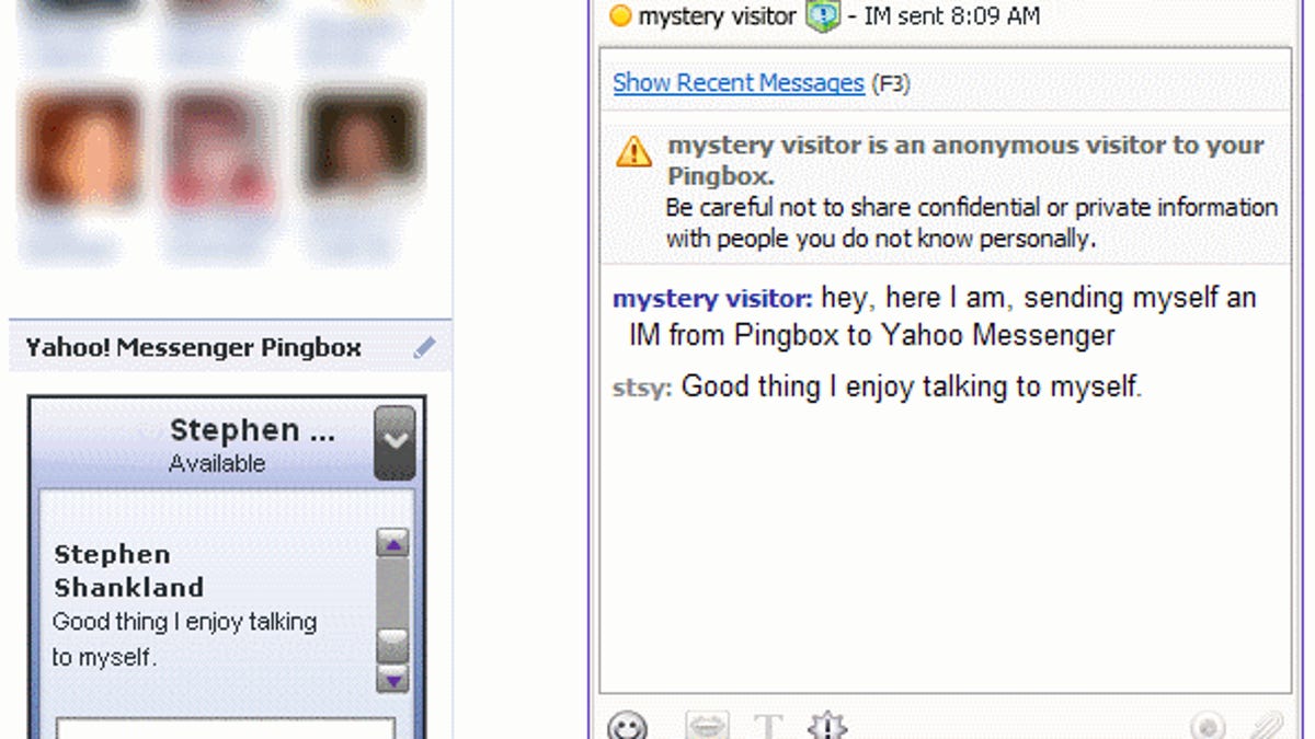 At left, Yahoo&apos;s Pingbox application on my Facebook page. In center, the resulting instant message chat through Yahoo Messenger.