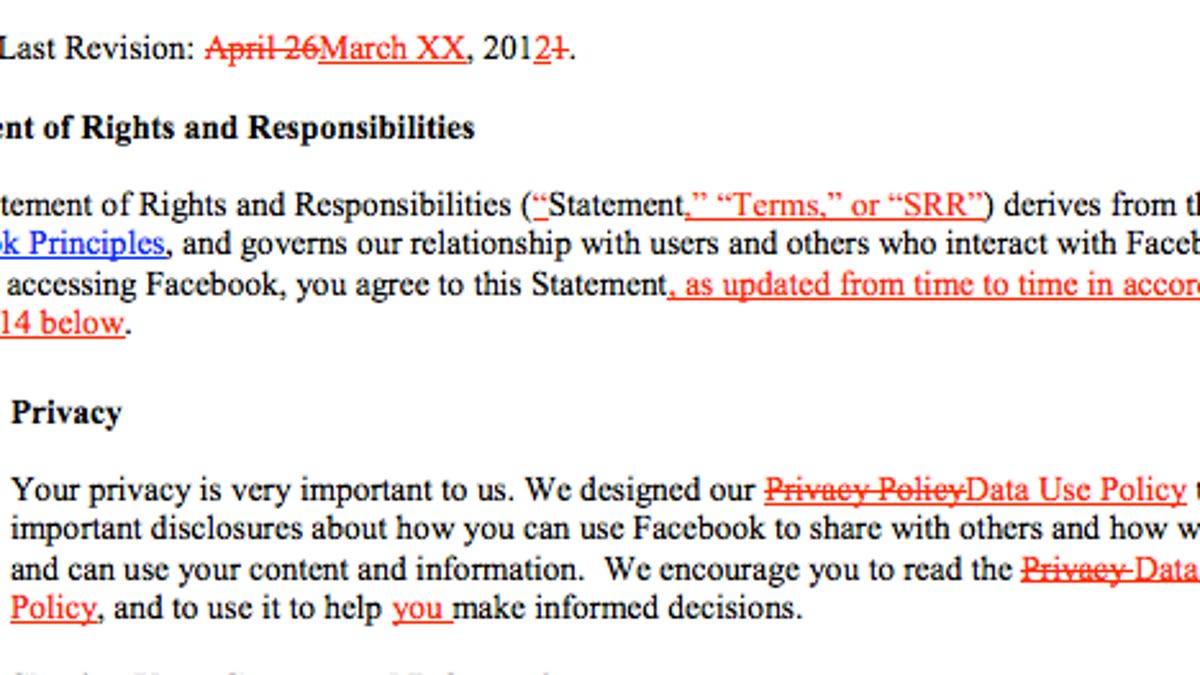 A section of the proposed changes to Facebook&apos;s Statement of Rights and Responsibilities for users.