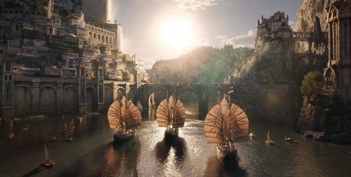 Three ships leaving Nùmenor in The Rings of Power