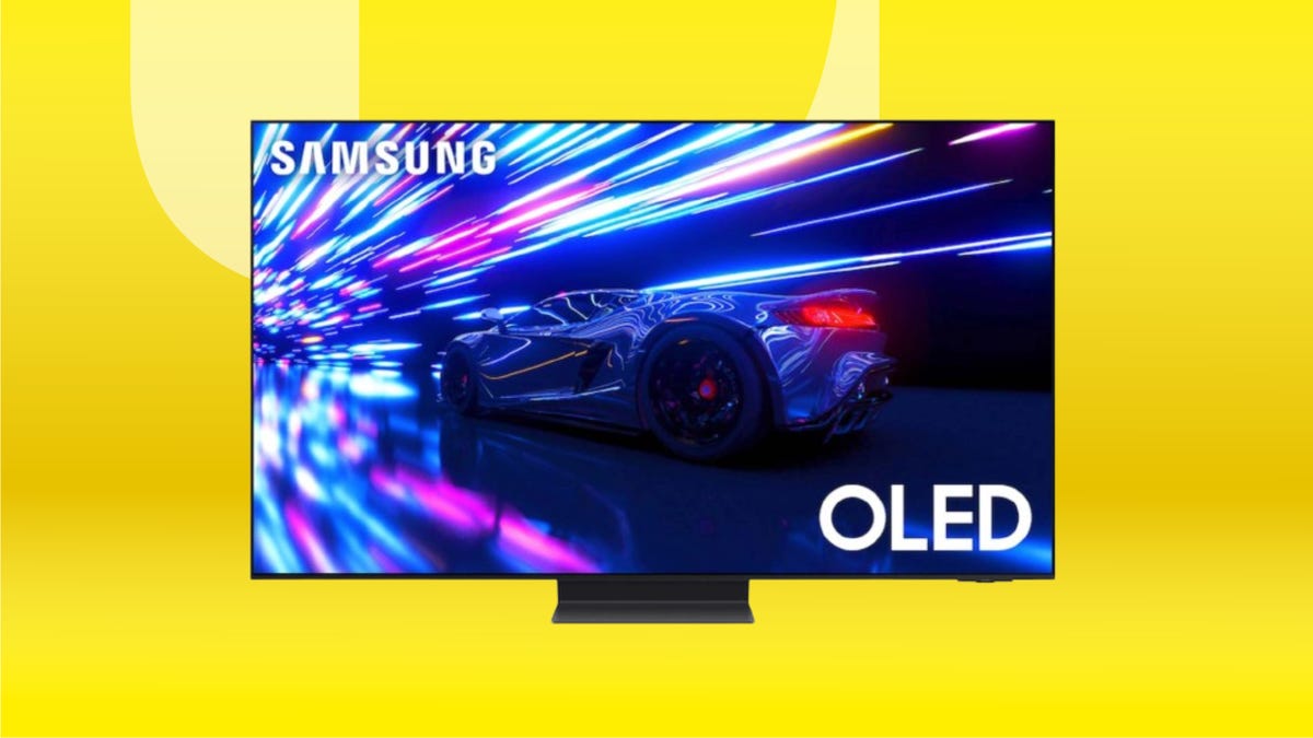 Samsung OLED S95D 55-inch TV with car screensaver and purple lights against yellow background