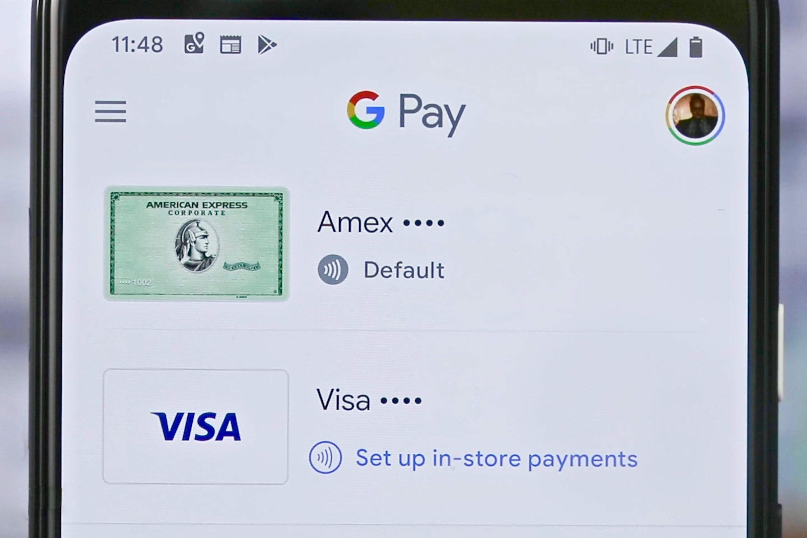 The Google Pay card screen showing different card options for payments