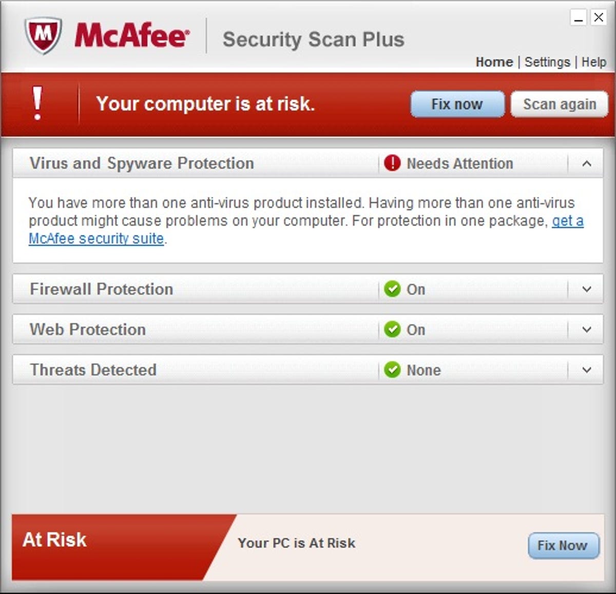 McAfee Security Scan Plus warning pop-up