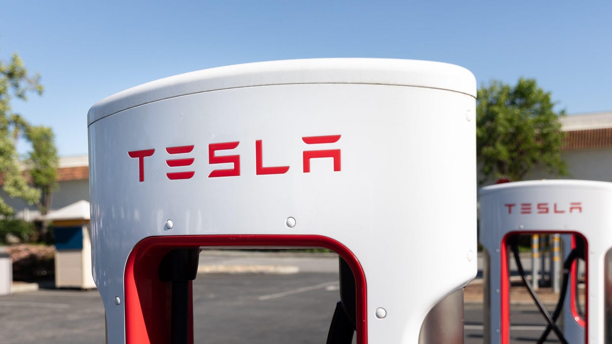 Tesla supercharger stations let drivers charge their electric vehicles.