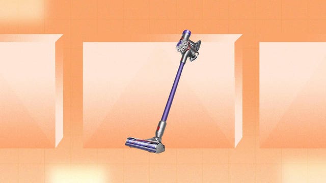 The Dyson V8 Extra cordless vacuum cleaner is displayed against an orange background.