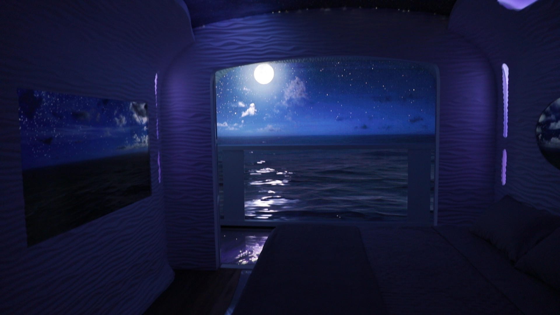 Simulation of a stateroom at night during Royal Caribbean's Sea Beyond tech event.