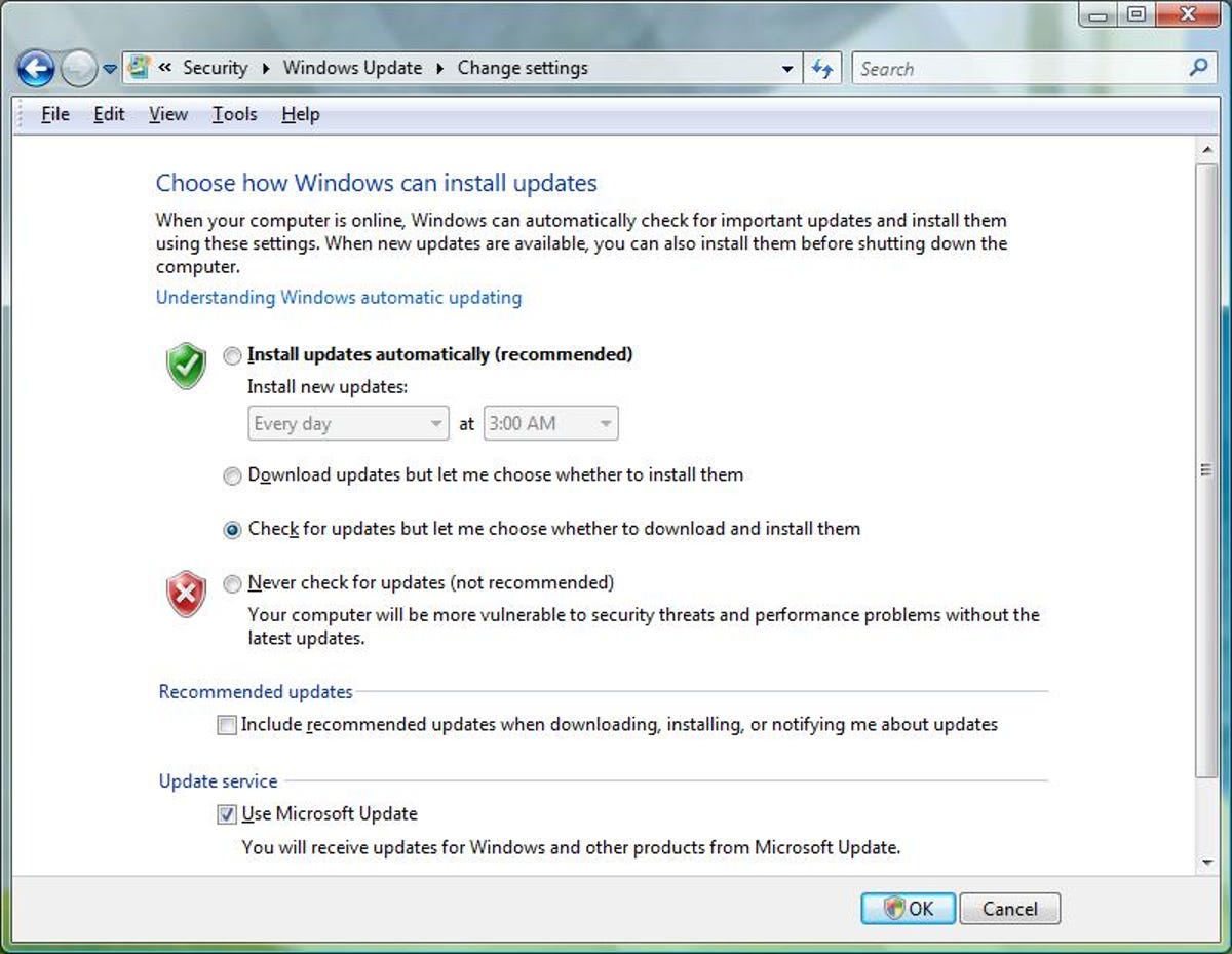 Vista Windows Update settings