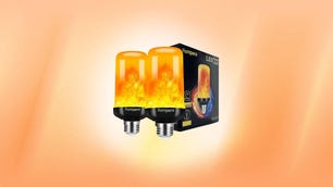 Two Hompavo LED Flame light bulbs are displayed against an orange background.