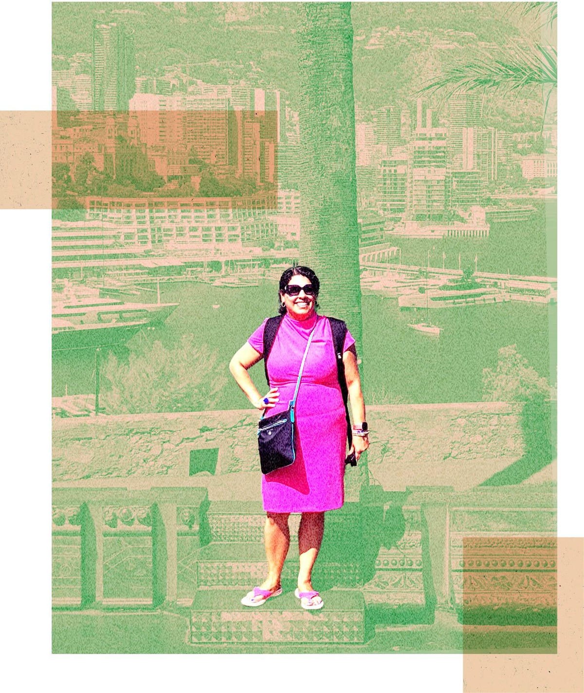 A woman in a dress against a backdrop of seaport