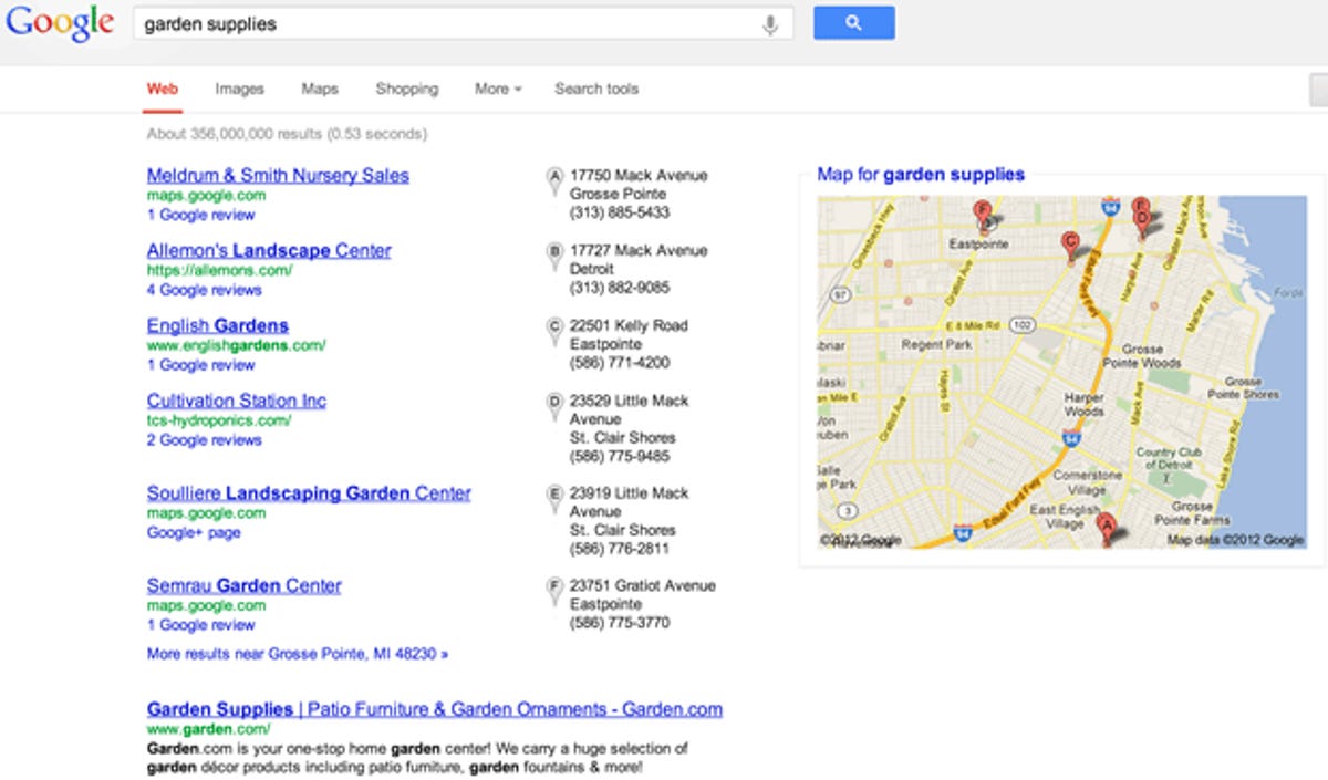 This Google search for garden supplies shows no search ads whatsoever. Results include links to Google+ pages and Google-hosted reviews. Google competitors object to Google featuring its own properties so prominently in search results, but Google argues that it's trying to help users, not Web sites.
