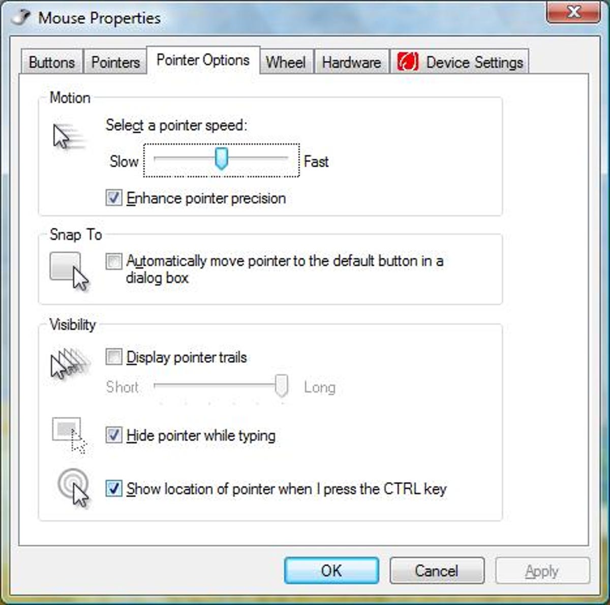 Windows Vista's Mouse Pointer Options dialog box