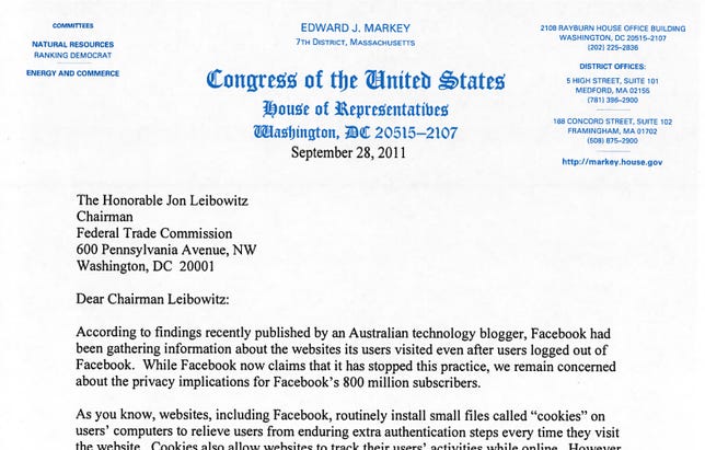 Lawmaker letter to the FTC complains about Facebook tracking users after they log out.