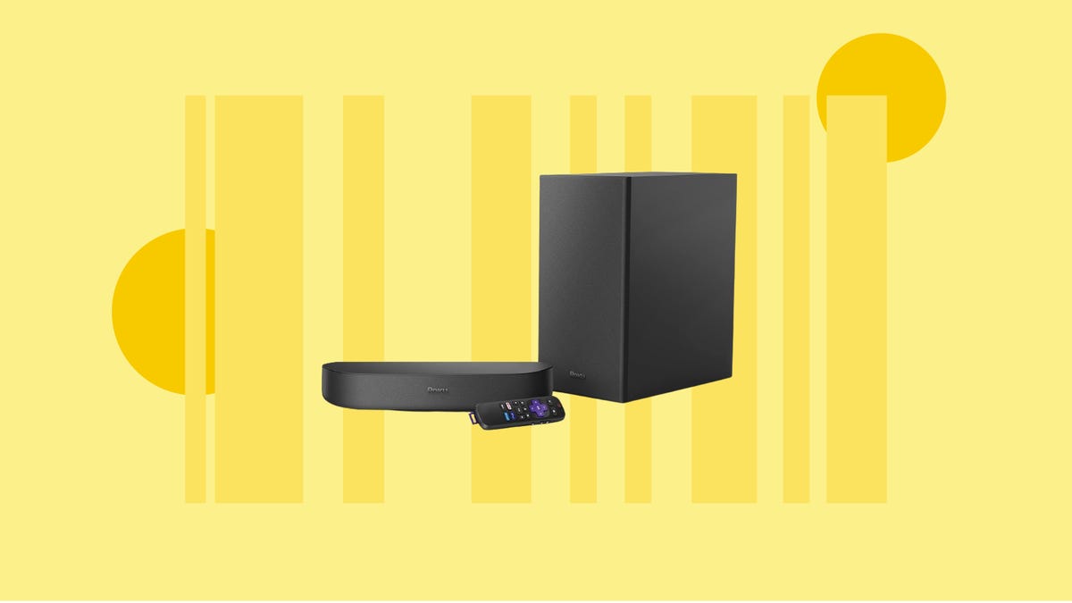 The Roku Streambar and Roku Wireless Bass, along with a Roku Voice Remote are all displayed against a yellow background.