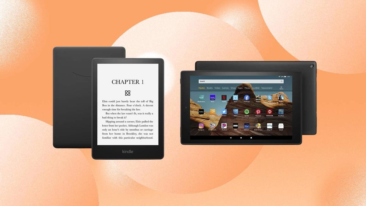 An Amazon Kindle Paperwhite and Fire HD 10 tablet against an orange background.